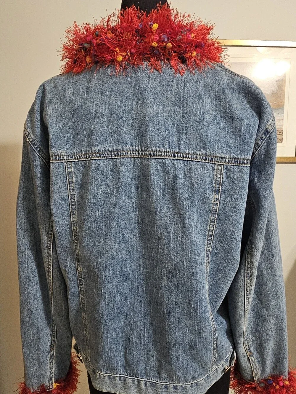 Chicos Vintage Designer Jean Jacket With Red Tinsel Trim.